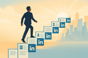 Illustration of a mid-career professional confidently climbing stairs made of resumes and LinkedIn logos toward a sunlit city skyline, symbolizing career growth, resilience, and new beginnings after a layoff.