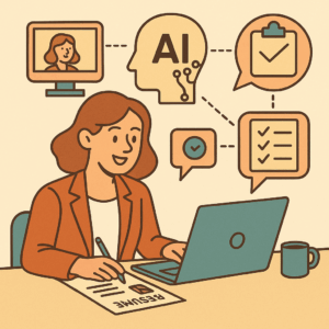 Mid-career professional using AI interview preparation tools like HirePrep at a desk with resume, laptop, and visual icons of video call, checklist, and AI analysis in retro flat-style illustration.