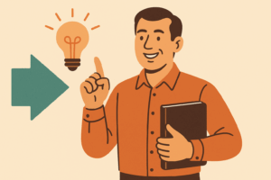Illustration of a confident middle-aged man in a warm orange shirt holding a folder and pointing to a glowing lightbulb, symbolizing a new idea or career direction. A teal arrow points forward in the background.