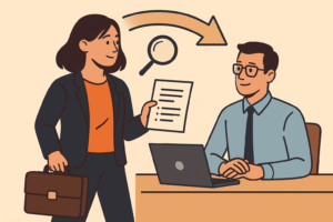 Simple flat-style illustration of a woman in a blazer holding a resume and briefcase, speaking with a male interviewer at a desk, with a curved arrow and magnifying glass symbolizing a career transition.