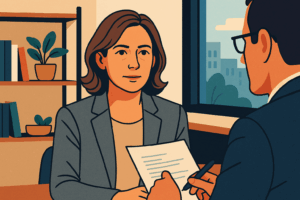 Illustrated image of a professional woman in a gray blazer attentively participating in a job interview with a male interviewer in a modern office, featuring a bookshelf and large window with a cityscape view in the background.