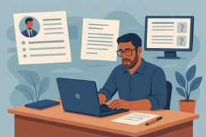 Mid-career professional preparing a resume for career change, surrounded by job application documents and interview questions on a laptop