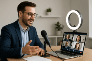 Mid-career professional in a home office setting participating in a virtual job interview on a laptop, wearing business attire, using a ring light and microphone, with a Zoom interface visible on screen and a clean, modern background