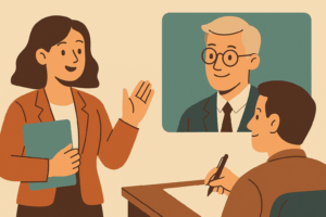 Retro-style digital illustration showing a woman in a mock interview with a male interviewer on a laptop screen and another participant taking notes, in warm muted tones and minimal background.