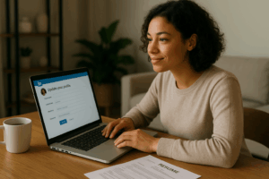Mid-career professional networking after layoff via virtual coffee chat, smiling during a video call from a home office with laptop and resume visible.