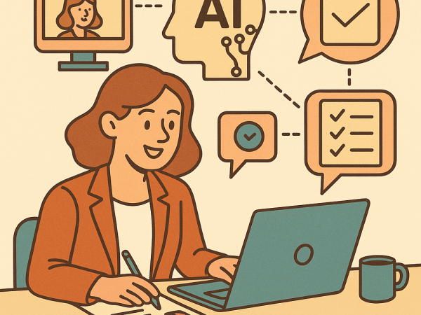 Mid-career professional using AI interview preparation tools like HirePrep at a desk with resume, laptop, and visual icons of video call, checklist, and AI analysis in retro flat-style illustration.