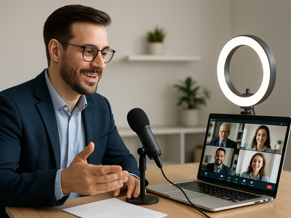 Mid-career professional in a home office setting participating in a virtual job interview on a laptop, wearing business attire, using a ring light and microphone, with a Zoom interface visible on screen and a clean, modern background
