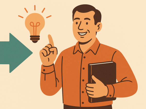 Illustration of a confident middle-aged man in a warm orange shirt holding a folder and pointing to a glowing lightbulb, symbolizing a new idea or career direction. A teal arrow points forward in the background.
