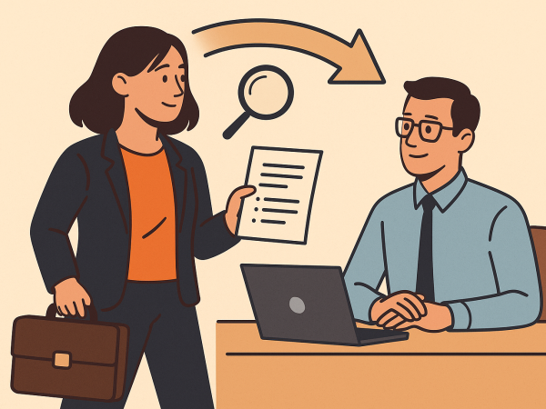 Simple flat-style illustration of a woman in a blazer holding a resume and briefcase, speaking with a male interviewer at a desk, with a curved arrow and magnifying glass symbolizing a career transition.