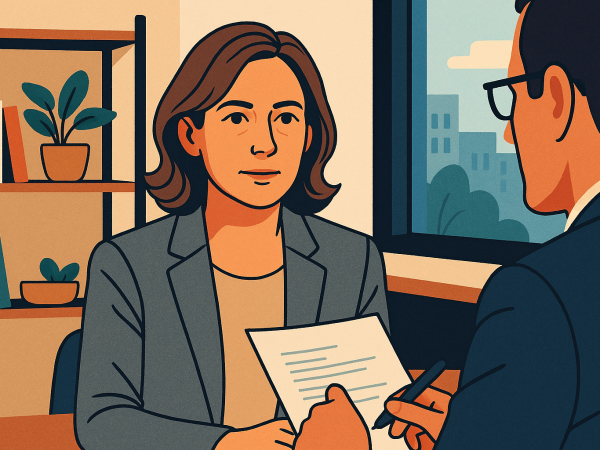 Illustrated image of a professional woman in a gray blazer attentively participating in a job interview with a male interviewer in a modern office, featuring a bookshelf and large window with a cityscape view in the background.