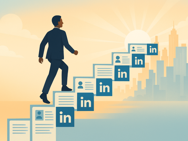 Illustration of a mid-career professional confidently climbing stairs made of resumes and LinkedIn logos toward a sunlit city skyline, symbolizing career growth, resilience, and new beginnings after a layoff.