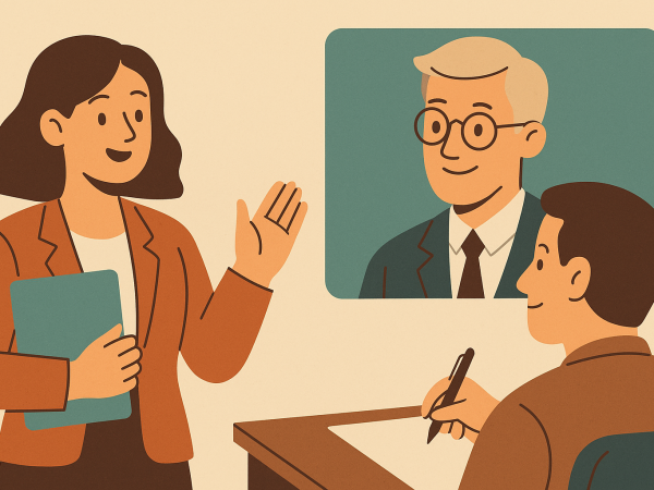 Retro-style digital illustration showing a woman in a mock interview with a male interviewer on a laptop screen and another participant taking notes, in warm muted tones and minimal background.