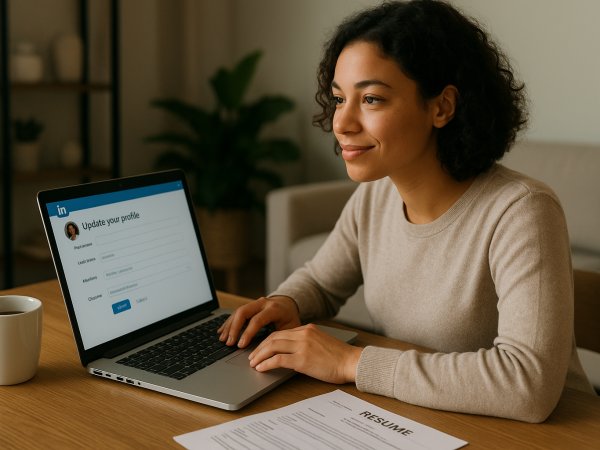 Mid-career professional networking after layoff via virtual coffee chat, smiling during a video call from a home office with laptop and resume visible.