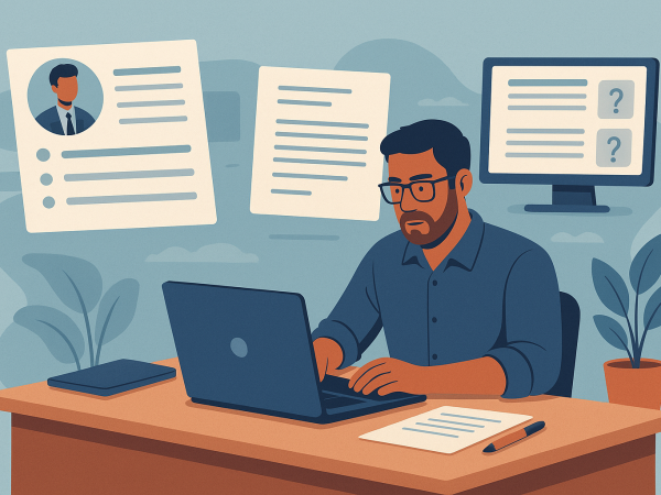 Mid-career professional preparing a resume for career change, surrounded by job application documents and interview questions on a laptop